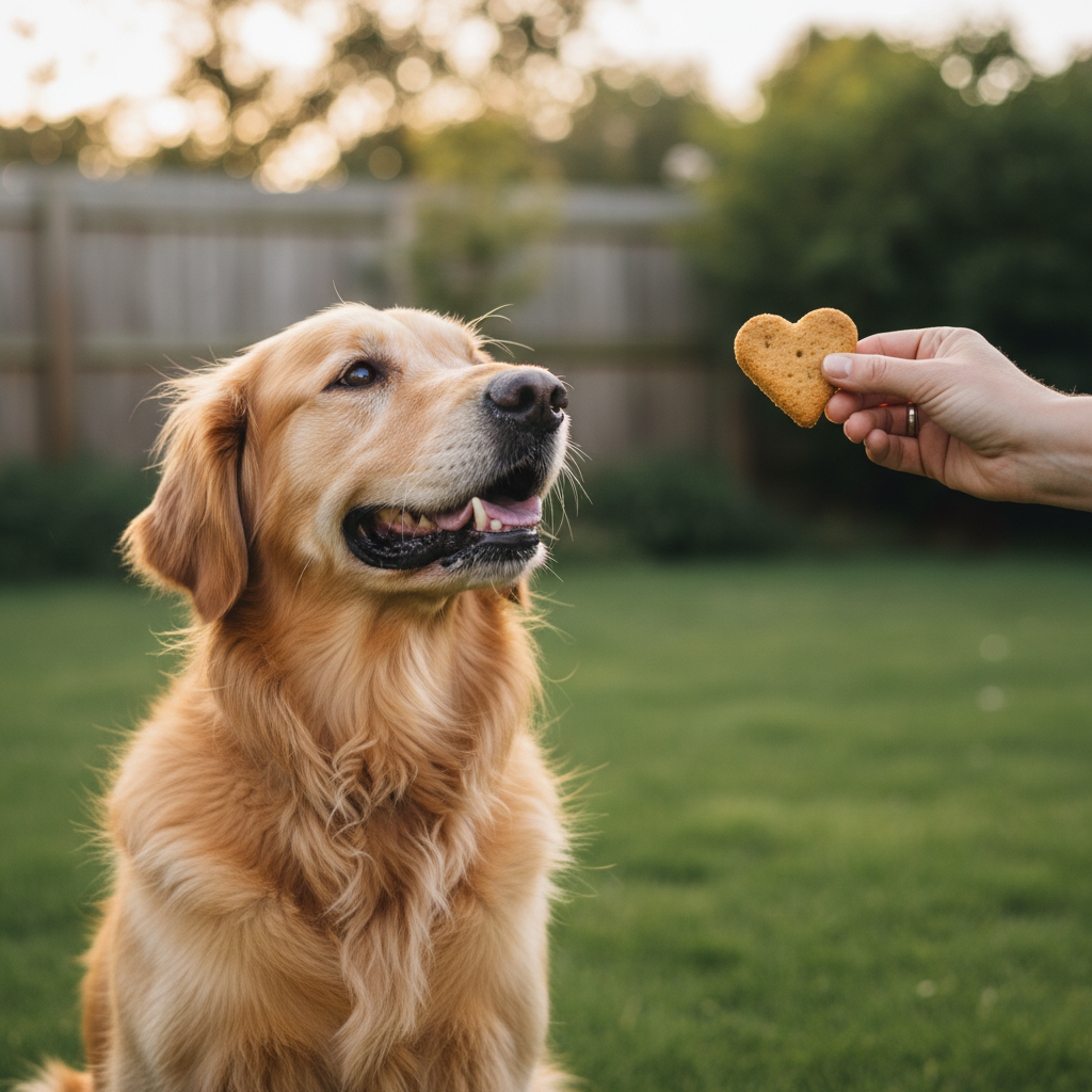 A happy Golden Retriever sitting patiently, looking up with bright eyes at a human hand holding a heart-shaped biscuit, soft-focus backyard greenery in the background, professional DSLR quality.