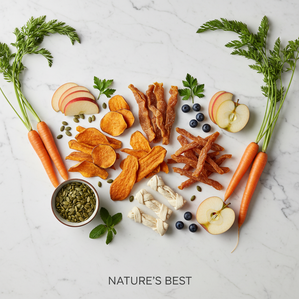 An aesthetic flat-lay composition of various natural dog snacks including dried sweet potato, chicken jerky, and dental chews, surrounded by fresh ingredients like carrots and apples on a clean white marble surface.