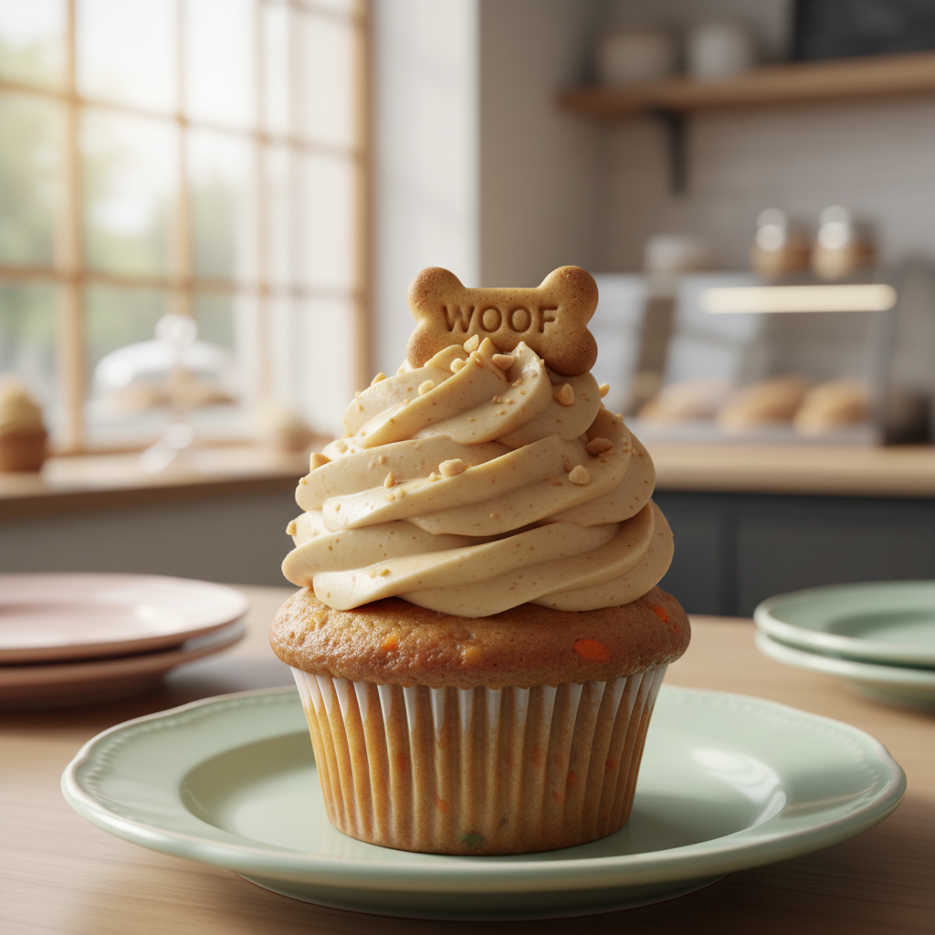 A detailed macro shot of a gourmet dog cupcake with peanut butter frosting and a small bone biscuit on top, placed on a pastel-colored plate, bright and airy bakery atmosphere.