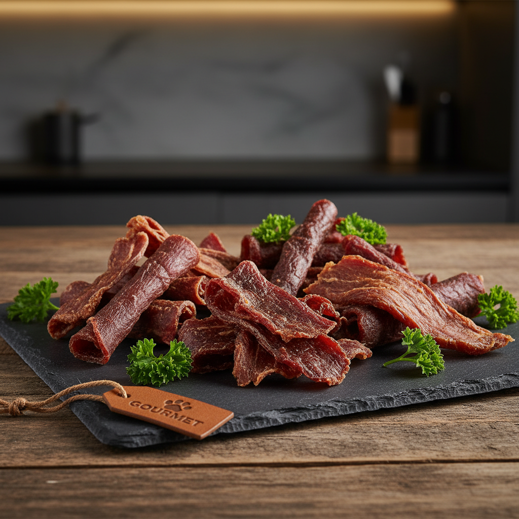 A collection of premium air-dried meat treats for dogs displayed on a slate board, garnishing with fresh parsley, elegant food photography style with dramatic side lighting.